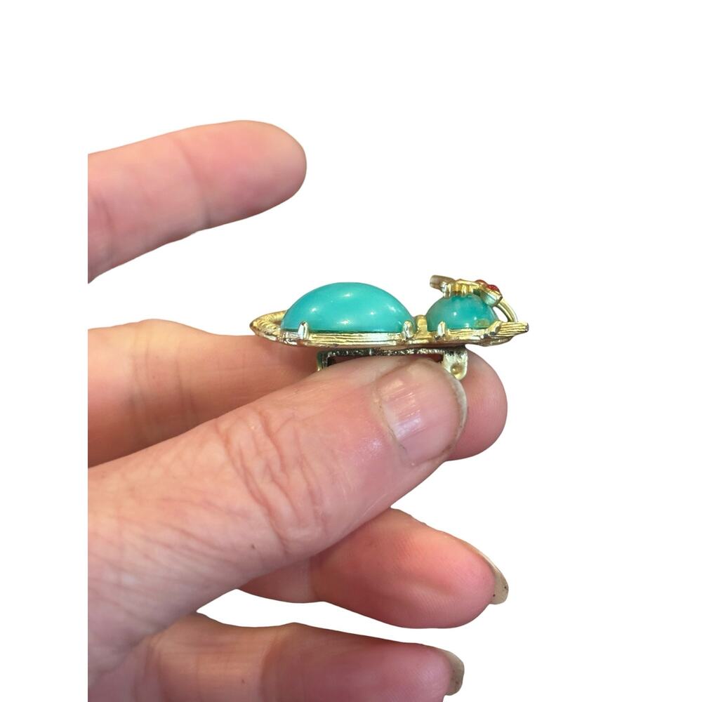 Atomic Turquoise Cat Brooch Red Rhinestone Eyes Mid Century Mod Figural Pin - Picture 2 of 8